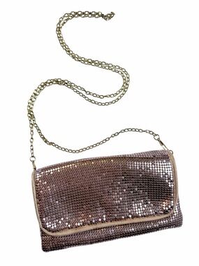 Metallic Rose Gold Clutch Crossbody Bag with Gold Chain Detachable Strap